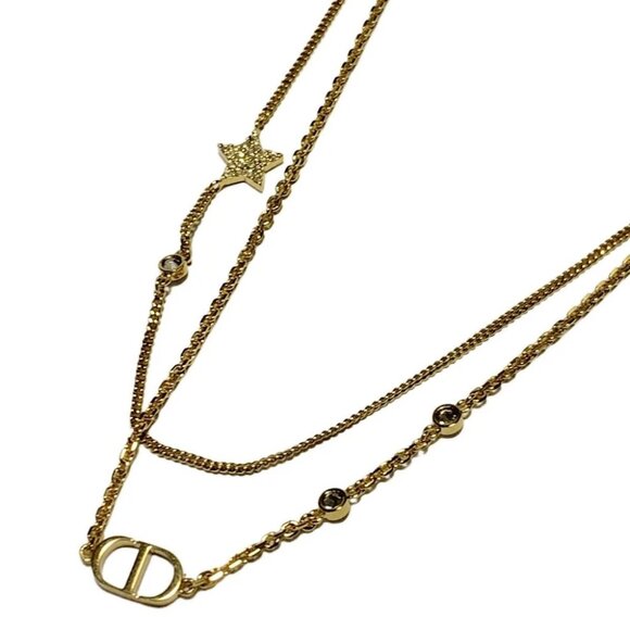 Auth DIOR/ChristianDior Petit CD Double Necklace - Gold Clear Hardware Necklace - Picture 1 of 4